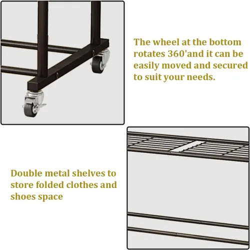 Miniatura 6 de SUOERNUO Perchero con ruedas para ropa, estante para colgar ropa resistente, estante metálico enrollable para dormitorio, armario (Negro)