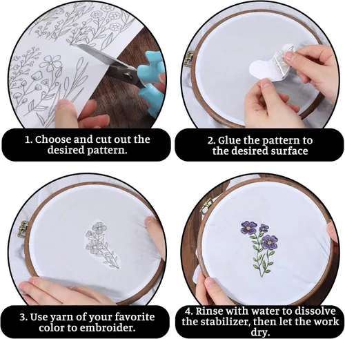 Miniatura 3 de Estabilizador de bordado soluble en agua, 4 hojas estabilizador soluble en agua para patrones de bordado, papel de transferencia con hojas de flores