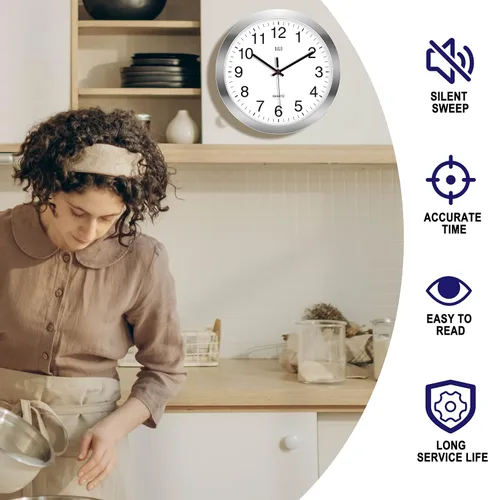 Miniatura 4 de HITO Reloj de pared silencioso de 12 pulgadas con batería, sin tictac, cubierta de vidrio, marco de aluminio plateado, para decoración de cocina
