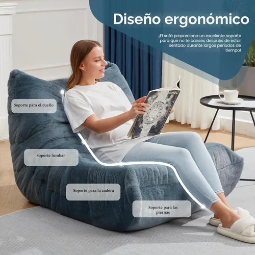 Miniatura 5 de Sillones tipo puf para adultos, puf gigante con espuma viscoelástica, sillón puf con relleno, piel sintética, para la sala, dormitorio u oficina azul