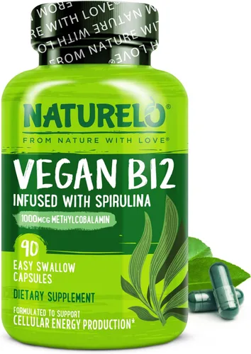 NATURELO B12 vegano - Metil B12 con espirulina orgánica - Vitamina B12 de alta potencia 1000 mcg metilcobalamina - Apoya el estado de ánimo