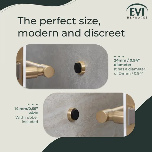 Miniatura 4 de EVI Herrajes Tope de puerta de latón de pared 0.94 x 0.54 pulgadas Acabado dorado - Goma negra antigolpes Adhesivo Pequeño y discreto