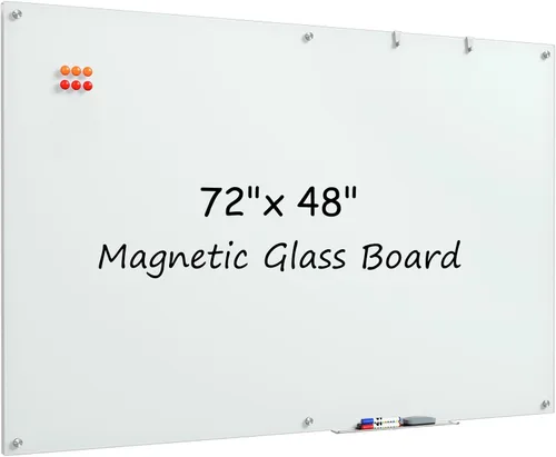 MaxGear Pizarra blanca de cristal, pizarra magnética de borrado en seco templado de 72 x 48 pulgadas, sin marco, para oficina, aula, sala de Blanco