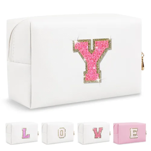 Miniatura 437 de Pequeña bolsa de maquillaje personalizada con inicial A-Z Preppy Patch, bolsa de cosméticos de viaje de felpilla blanca con cremallera, bonita bolsa