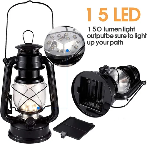 Miniatura 2 de Linterna vintage LED para huracanes, luz blanca cálida operada con batería, metal antiguo colgante con regulador de intensidad, 15 LEDs, 150 lúmenes