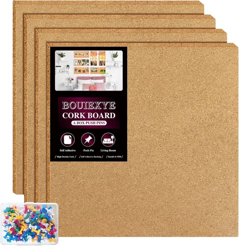 Miniatura 8 de Paquete de 6 tableros de corcho, 12 x 12 pulgadas, 1/2 pulgadas, tableros de corchos autoadhesivos para pared, escuela, hogar, oficina con 100