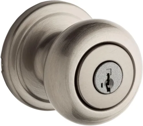 Kwikset Hancock - Pomo de puerta de entrada con cerradura y llave, manija segura con llave exterior, entrada frontal y dormitorio, níquel satinado,
