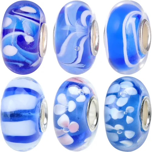 Miniatura 18 de RUBYCA Cuentas de cristal de Murano floral con núcleo de color plateado, ajuste europeo para hacer joyas, 6