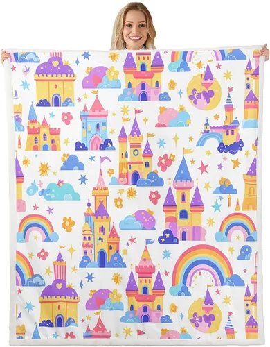 Miniatura 18 de Princess Flannel Blanket All Seasons,Rainbow Cloud Stars Butterfly Bed Blanket for Kawaii Home Decor,Dreamy Fairy Tale Castle Blanket for Kids Girls