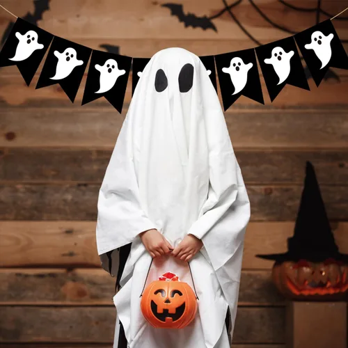 Miniatura 6 de Doumeny Pancarta de arpillera de fantasma de Halloween, guirnalda espeluznante, guirnalda espeluznante, pancarta negra para fiesta, bandera de truco