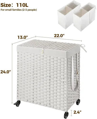 Miniatura 62 de GREENSTELL Cesta para ropa sucia con ruedas y tapa, 130 L, cesta grande de 3 secciones con 2 tipos de bolsas de forro extraíbles, 5 bolsas de malla