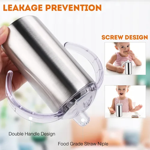 Miniatura 3 de Vasos para sorber de acero inoxidable de 12 onzas para niños pequeños con asas, a prueba de derrames, doble pared aislada al vacío, vasos de paja