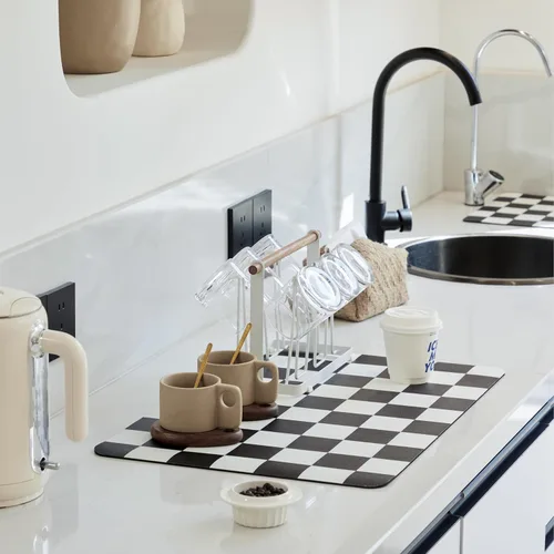 Miniatura 16 de Ohocut Tapete de secado de platos a cuadros para encimera de cocina, accesorios de estación de cafetería, estética, retro, moderna, absorbente