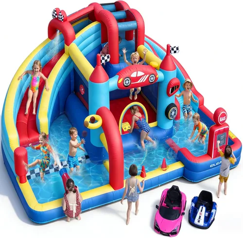 ELEMARA Speed Racer - Casa inflable 15 en 1 para niños grandes, parque acuático de doble tobogán de 191 x 175 pulgadas con pared de escalada,