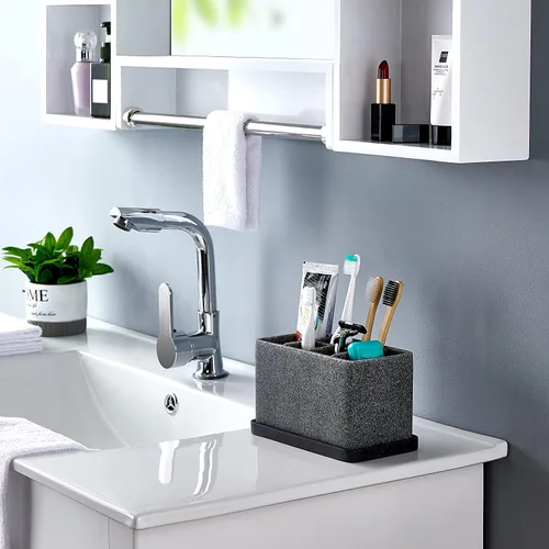 Miniatura 5 de ZCCZ Soporte para cepillo de dientes, organizador de baño de 6 ranuras para almacenamiento en cubierta, contiene pasta de dientes, hilo dental