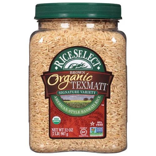 RiceSelect Arroz integral Texmati orgánico, grano largo, grano entero, sin gluten, sin OMG, 32 onzas (paquete de 1 frasco)
