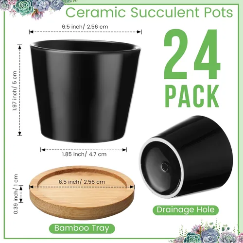 Miniatura 2 de Hsei Pack de 24 Macetas Mini de 2.5 Pulgadas para Suculentas, Macetas Pequeñas de Cerámica con Bandeja de Bambú para Jardín, Cactus, Hierbas