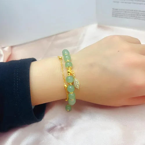 Miniatura 7 de CJIAYUJEW Hotan - Pulsera de hoja de jade natural de 2 capas de nefrita verde para mujer, diseño de cuentas redondas con dije de hoja de circón