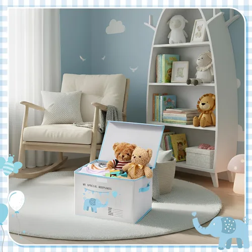 Miniatura 5 de LemonRoad Caja de recuerdos de bebé de 16 x 12 x 12 pulgadas, baby shower, elefante, primera caja de recuerdos, para recién nacidos, regalo de Azul