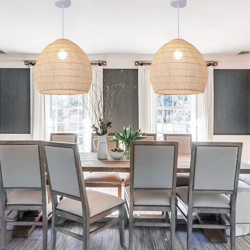 Miniatura 7 de Lámpara Colgante de Ratán de 1 Luz, 13.78" Luz Colgante de Ratán de Bambú Tejida a Mano, Candelabro de Mimbre para Isla de Cocina, Restaurante, Sala