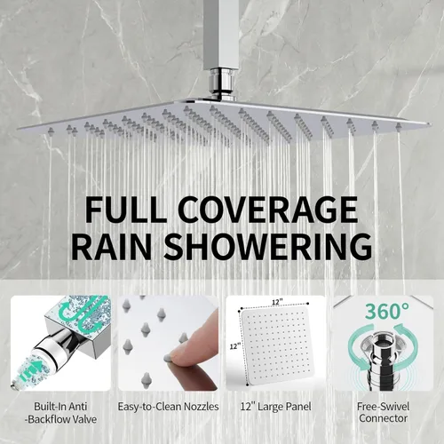 Miniatura 3 de SR SUN RISE Sistema de ducha montado en el techo de 12 pulgadas, mezclador de lluvia, sistema de cabezal de ducha de lluvia, grifo de ducha cromado
