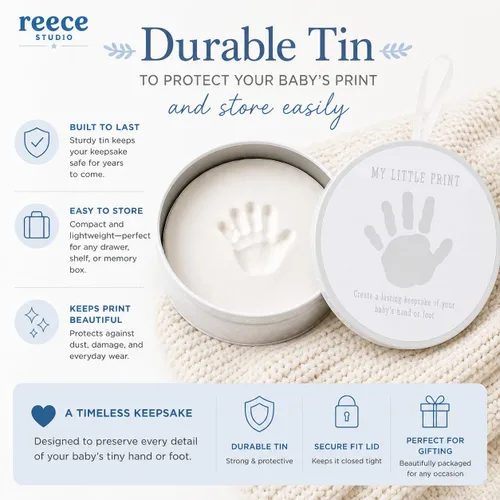 Miniatura 5 de Reece Studio Kit de arcilla para imprimir huellas de bebé en lata, creadores de huellas de mano o pie de recién nacido, caja de recuerdos para bebé