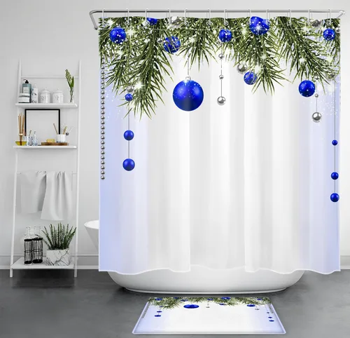 Miniatura 11 de Cortina de ducha de Feliz Navidad, bolas de Navidad azules y ramas de pino verde en tela blanca moderna, cortina de ducha para baño, cortina de baño