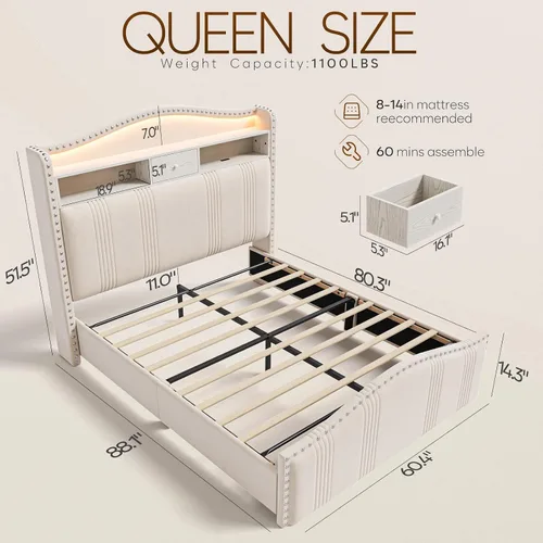 Miniatura 2 de CIKUNASI Marco de cama tamaño completo de 51.5" con cabecero y almacenamiento Marco de cama tapizado de terciopelo con luces LED y estación