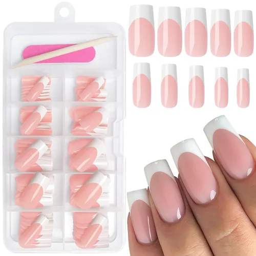 Miniatura 9 de AddFavor Uñas Postizas de Punta Francesa Cortas, 120 piezas Uñas Postizas Blancas con Punta Francesa Uñas Postizas Cuadradas Nude Uñas Acrílicas