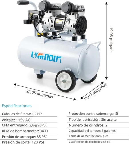 Miniatura 7 de Compresor de aire silencioso, solo 68dB, tanque de acero de 5 galones, 2.8CFM a 90PSI, sin aceite, compresor de aire eléctrico perfecto