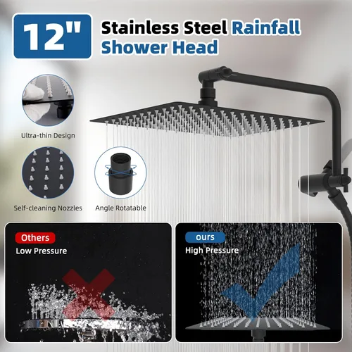 Miniatura 4 de Cabezal de ducha de metal de 12 pulgadas, cabezal de ducha de alta presión, cabezal de ducha de mano con brazo de extensión de ducha ajustable de 11