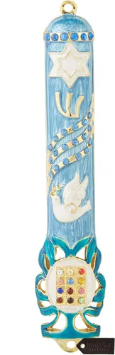 Miniatura 13 de Matashi Esmalte azul pintado a mano de 6 pulgadas Mezuzah adornado con espinilla hebrea, decoración de pared para puerta del hogar, decoración