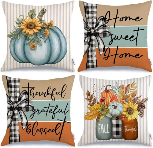Miniatura 20 de GEEORY Juego de 4 fundas de almohada de otoño de 18 x 18 pulgadas, diseño de calabazas y tarros de masón, decoración agradecida, fundas de cojín