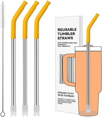 Miniatura 10 de Pajitas de metal rectas para vaso Stanley de 40 onzas, paquete de 3 popotes reutilizables de acero inoxidable con puntas de silicona y cepillo Gris