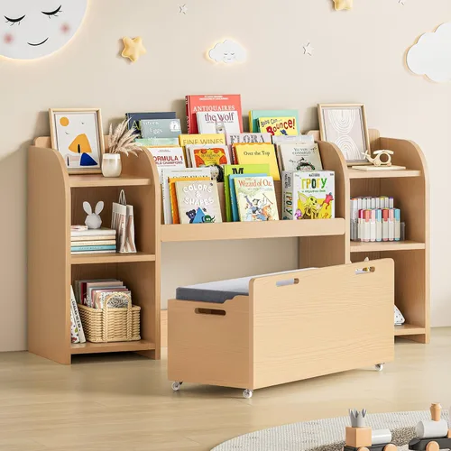 ONBRILL Estantería para niños con rincón de lectura, organizador de almacenamiento de juguetes de 55.2 pulgadas, 6 cubos de almacenamiento,