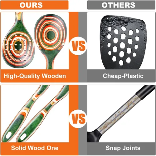 Miniatura 4 de Juego de 7 utensilios de cocina de madera de Pakkawood para cocinar, cucharas de madera para cocinar, seguro, ecológico, antiadherente, utensilios