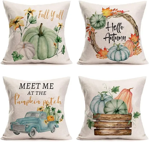 Fukeen Juego de 4 fundas de almohada decorativas de calabaza para el hogar, 16 x 16 pulgadas, juego de 4 flores de hoja de arce con camión azul,