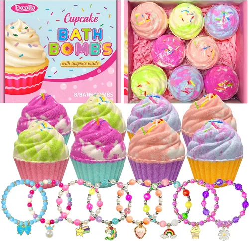Bombas de baño para niños con joyas sorpresa en el interior, juego de regalo de 8 bombas de baño de cupcakes para niñas, bolas efervescentes hechas