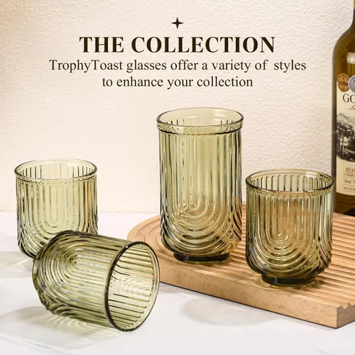 Miniatura 7 de Juego de vasos de bebida verdes vintage, vasos de cóctel transparentes estilo arco de 6 unidades, vasos de vidrio acanalados de 15 onzas, hechos a