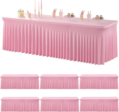 Miniatura 23 de Paquete de 2 manteles de spandex para mesas rectangulares de 8 pies, mantel elástico rosa de 8 pies, manteles ajustados, falda de mesa para fiestas
