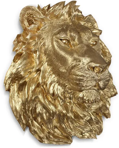 Wall Charmers - León en oro – Fauxidermia de imitación montado en el busto de la cabeza falsa decorativa de resina falsa montaje animal taxidermia