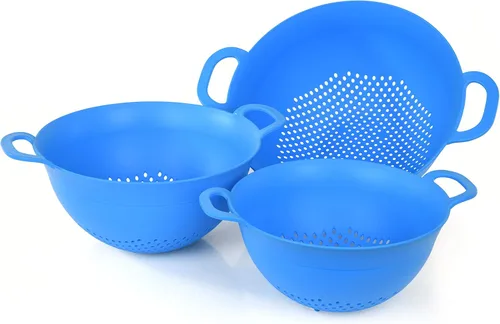 Mintra Home Juego de coladores de colador de plástico: 3, 3.5 y 5 cuartos de galón (azul) con asas dobles fuertes y cuenco profundo, seguro sin BPA