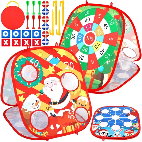 Liliful Juego de lanzamiento de bolsas de frijoles de Navidad 3 en 1, juegos de fiesta de Navidad para familias, juego plegable de cornhole y
