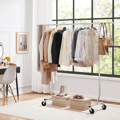 Miniatura 2 de Yaheetech Percheros de ropa comercial con ruedas, barra individual de grado ajustable, altura ajustable, perchero con ruedas para colgar ropa