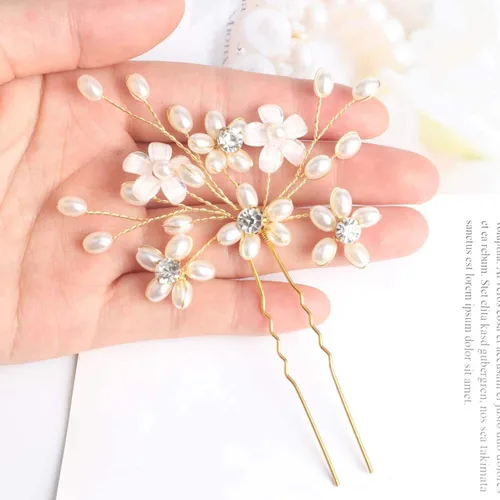 Miniatura 5 de Elegantes horquillas para el pelo de boda con perlas, accesorios de cristal floral flexibles para mujeres nupciales, paquete de 3 (dorado)