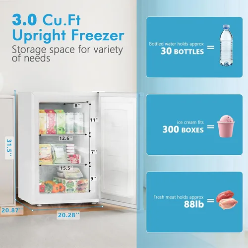 Miniatura 2 de COWSAR Congelador vertical de 3.0 pies cúbicos, congelador compacto, congelador profundo de pie con termostato ajustable, estantes extraíbles
