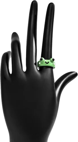 Miniatura 4 de FORUBUS Juego de 2 anillos de resina con bonito diseño de rana de pollo, hongos, lindos anillos apilables de animales para mujeres y niñas, Metal