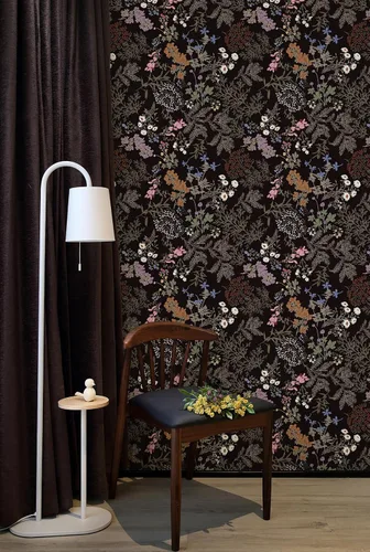 Miniatura 3 de Papel Tapiz de Despegar y Pegar Papel Tapiz Floral Negro Papel de Contacto de Hojas Florales Oscuras para Gabinete Vintage Autoadhesivo Removible