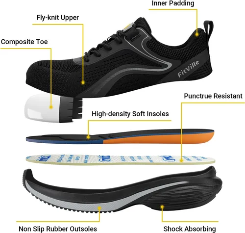 Miniatura 3 de FitVille Tenis de punta de acero mediana ancha para mujer, zapatos de punta de acero compuestos anchos a prueba de pinchazos, zapatos de trabajo