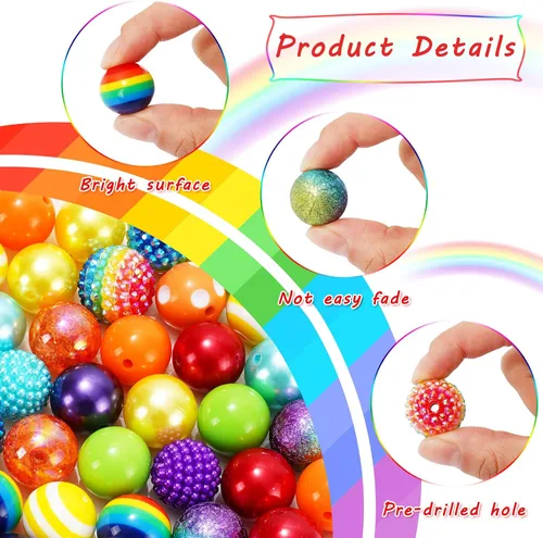 Miniatura 3 de Whaline Juego de 50 cuentas de goma de mascar de 0.78 pulgadas de grosor, 14 estilos, cuentas acrílicas coloridas con temática de arco iris, cuentas
